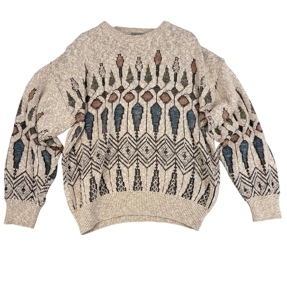Tosani Vintage 90s Geometric Knit Sweater Mens XL Tan Multi Made Canada Grandpa